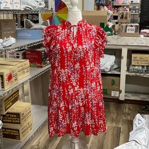 Girls' Red Floral Tie-Neck Dress